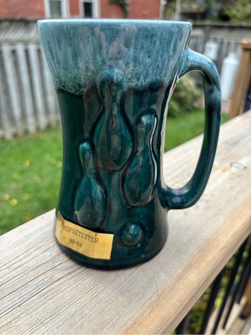 VTG 1968/69 Green Drip Glaze Bowling Trophy Mug Stein Art Pottery
